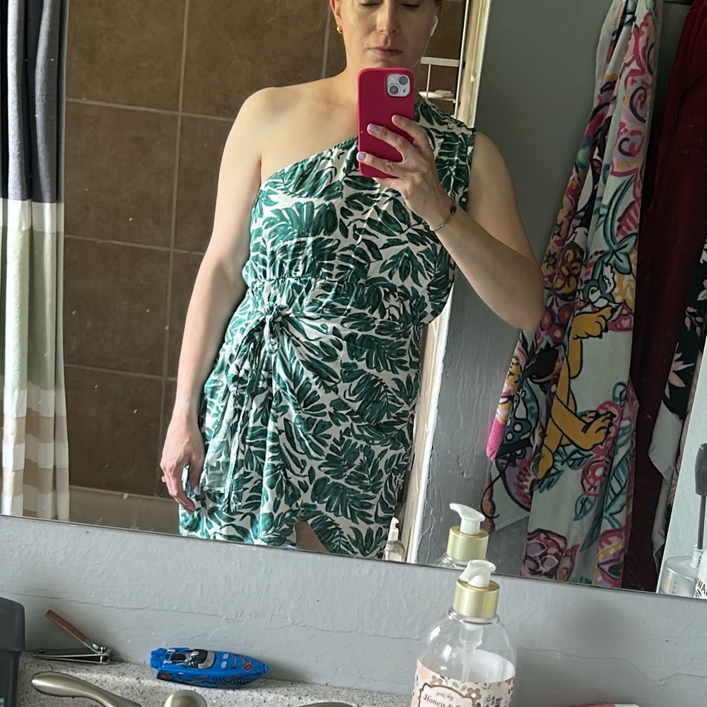 SHEIN Green and White One Shoulder Dress